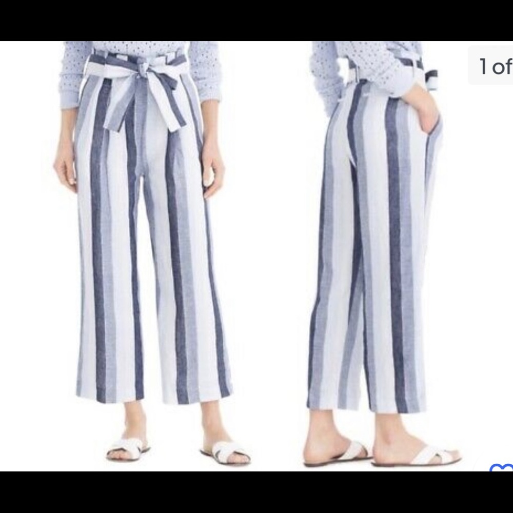 J.Crew Point Sur Linen Blue Striped Paper Bag Belted Wide Leg Trouser Pants.